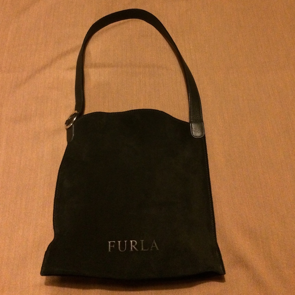 New Furla Black Suede Tote Handbag